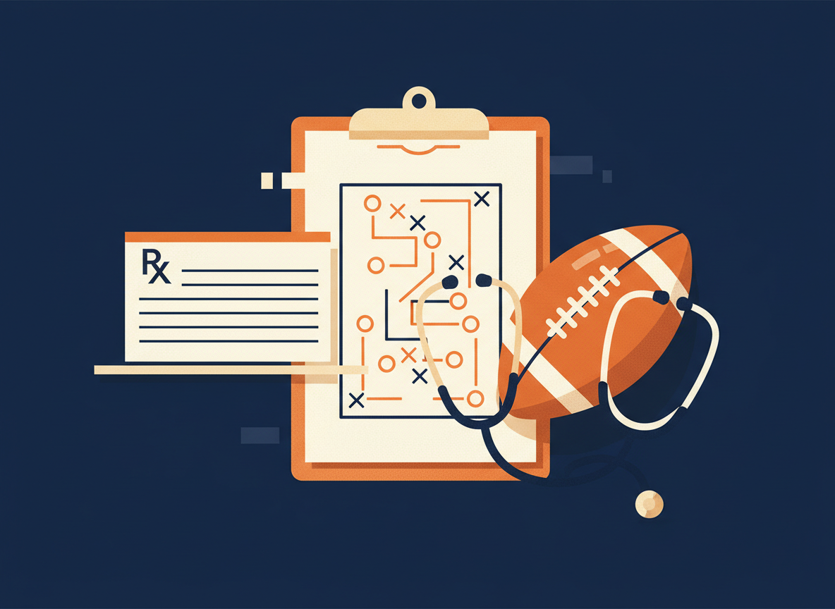 Illustration of a clipboard with a football play diagram, a stethoscope wrapped around a football, and a prescription pad in navy, orange and cream